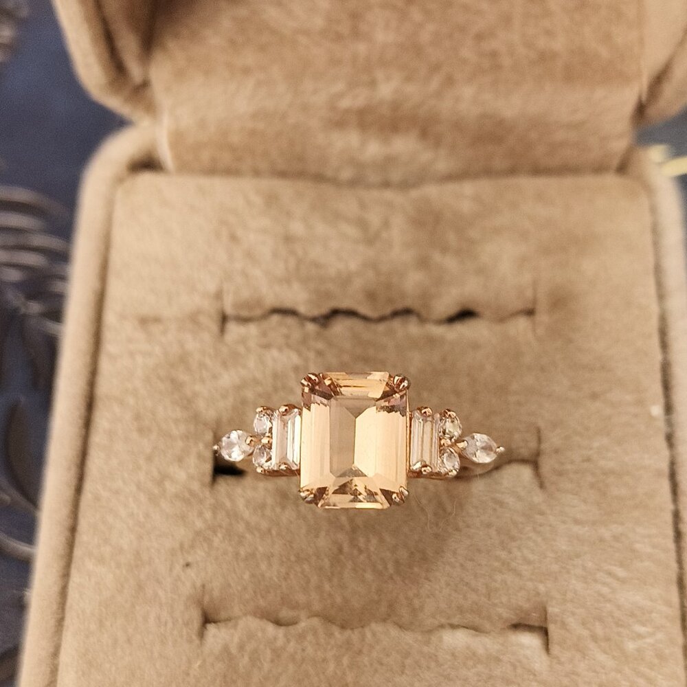 JTV Peachy Rose Gold Emerald Cut Morganite and Sapphire Simulate Ring Size 5
